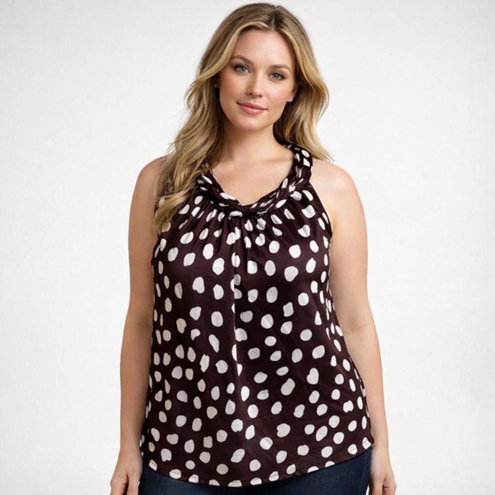 NEW DIRECTIONS Women's XL Brown White Polka Dot Sleeveless Halter Neck Top